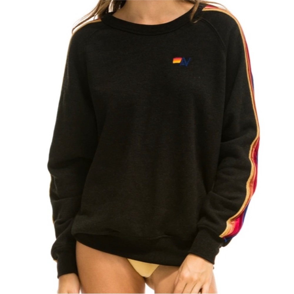 Aviation Nation Black Velour Crewneck sweatshirt 5 stripes oversized size small